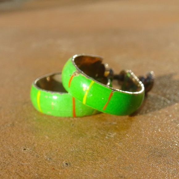 American Vintage Jewelry - Vintage Neon Lime Green Yellow & Red Striped Colorful Enamel Hoop Earrings